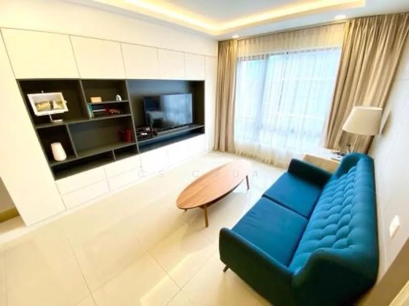 Living features: blue tufted fabric sofa, round wooden coffee table, white built-in cabinetry with black accents, wall-mounted TV, floor-to-ceiling windows, sheer curtains, recessed ceiling lights, glossy tile flooring; style: modern.