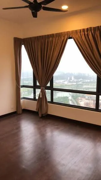 Room features: wooden flooring, floor-to-ceiling windows, sheer curtains, heavy drapes, ceiling fan, neutral wall colour, city view; style: modern; view: city.