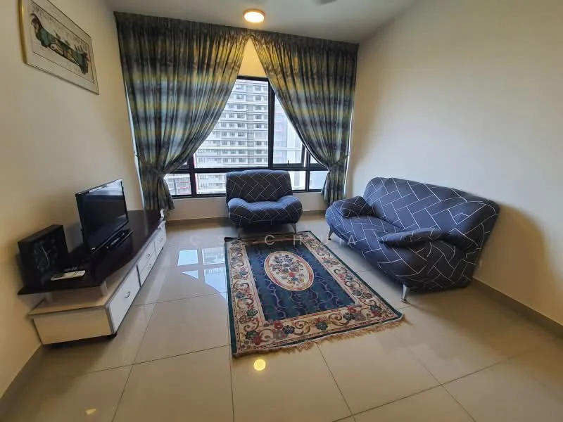 Living features: grey fabric 3-seater sofa, blue fabric armchair, TV console with storage, flat-screen TV, area rug with floral pattern, large window with city view, curtains with blue and yellow pattern, recessed ceiling light, glossy tile flooring; style: modern; view: city.