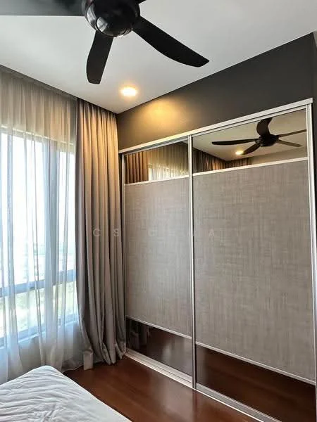 Bedroom features: wooden flooring, grey accent wall, floor-to-ceiling windows, sheer curtains, built-in wardrobe with sliding doors, 5-blade ceiling fan, recessed downlights, decorative mirror; style: modern; view: garden.