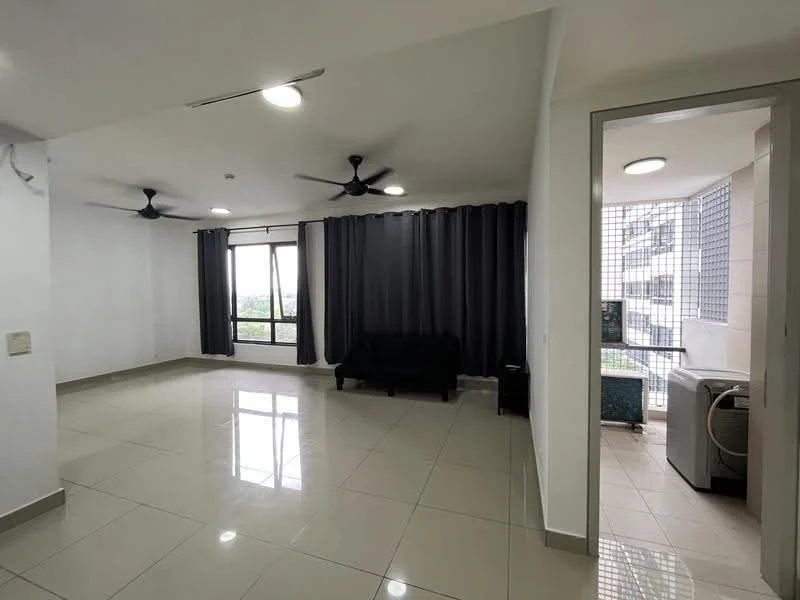 Living features: white painted walls, glossy ceramic tile flooring, 2 ceiling fans, floor-to-ceiling windows, black sofa, curtains in dark grey, recessed ceiling lights; style: modern; view: city. Room features: laundry area with washing machine, window with security grille.