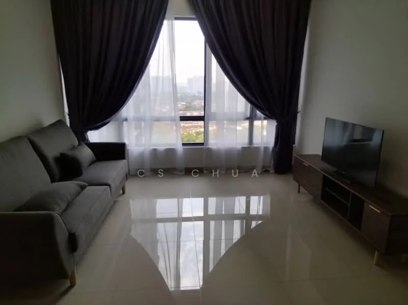 Living features: grey fabric 3-seater sofa, floor-to-ceiling windows, sheer curtains, dark curtains, polished tile flooring, wall-mounted TV, TV console with storage, city view, decorative wall art; style: modern; view: city.