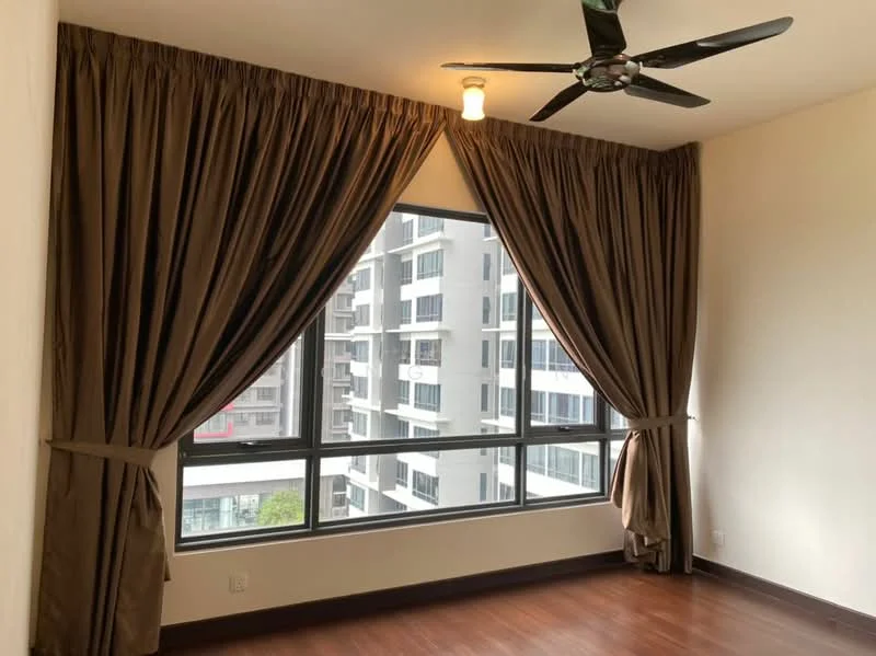 Room features: floor-to-ceiling windows, brown curtains, wooden flooring, ceiling fan, neutral wall colour, city view; style: modern; view: city.
