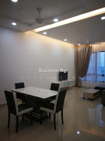 Dining features: marble dining table, 4 upholstered dining chairs, cream painted walls, recessed downlights, ceiling fan, large window with sheer curtains, tile flooring, decorative wall lighting; style: modern; view: city.