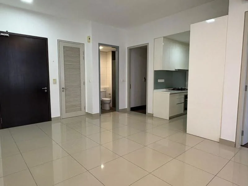 Living features: glossy ceramic tile flooring, white painted walls, recessed downlights, open layout, kitchen area visible, doorway to bathroom, doorway to bedroom, neutral color palette; style: modern. Bathroom features: white tiled walls, ceramic tile flooring, toilet, sink, shower area, neutral color scheme. Room features: doorway leading to another room.