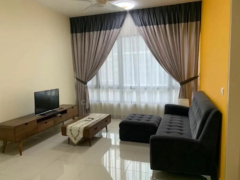 Living features: grey fabric sofa, coffee table with wooden legs, TV console with drawers, wall-mounted TV, floor-to-ceiling windows, sheer curtains, blackout curtains, white painted walls, polished tile flooring, ceiling fan with light, decorative wall with orange paint; style: modern.