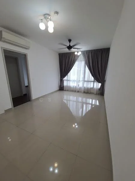 Living features: white painted walls, glossy ceramic tile flooring, 5-blade ceiling fan with light, recessed downlights, floor-to-ceiling windows, sheer curtains, dark grey curtains, air conditioning unit; style: modern.