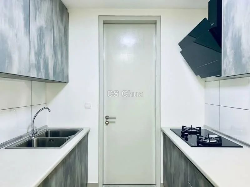 Kitchen features: double-bowl stainless-steel sink, chrome pull-down faucet, grey laminate cabinetry, white solid surface countertop, built-in gas hob, wall-mounted range hood, white tiled backsplash, white walls, recessed downlights, floor tiles, door to pantry or utility room; style: modern.
