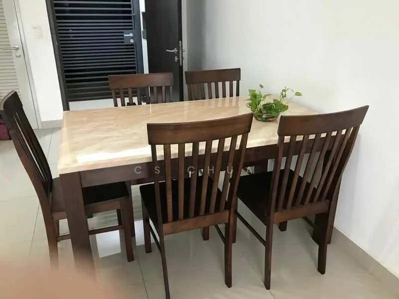 Dining features: marble tabletop, wooden dining table, 6-seater dining table, dark wood dining chairs, potted plant on table, white painted walls, ceramic tile flooring, natural light from window; style: modern.