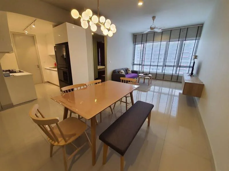 Dining features: dining table with light wood finish, 4 wooden dining chairs, bench seating with dark upholstery, pendant light fixture with multiple bulbs, floor-to-ceiling windows, grey sofa, TV console with wall-mounted TV, light grey walls, glossy tile flooring, ceiling fan, window treatments with horizontal blinds; style: modern; view: city. Kitchen features: white cabinetry, black refrigerator, built-in oven, gas stove with 4 burners, countertop with light-colored surface, open layout to dining area; style: modern.