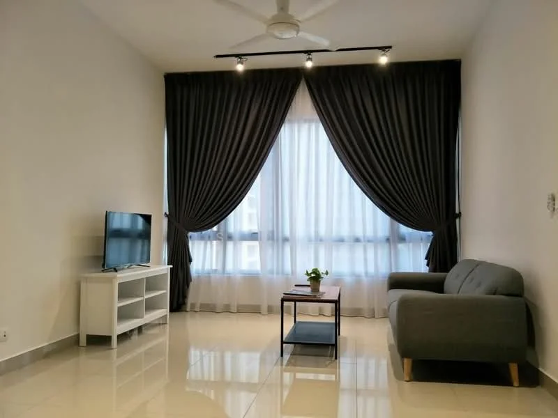 Living features: grey fabric sofa, white TV console, wall-mounted TV, recessed downlights, 5-blade ceiling fan, floor-to-ceiling windows, sheer curtains, blackout curtains, polished tile flooring, decorative plant on coffee table, track lighting; style: modern.