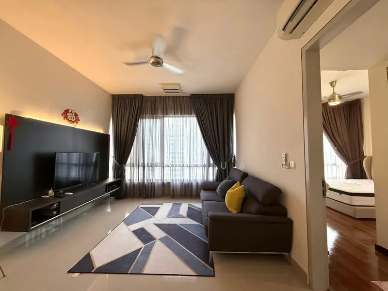 Living features: 3-seater fabric sofa in dark grey, flat-screen TV on wall-mounted console, area rug with geometric pattern, floor-to-ceiling windows with sheer curtains, ceiling fan, recessed downlights, wooden flooring, decorative wall art; style: modern; view: city. Room features: doorway leading to another room, light-colored walls, air conditioning unit.