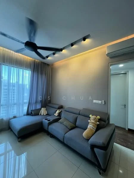 Living features: L-shape sectional sofa in grey, 2 decorative cushions, 5-blade ceiling fan with integrated LED light, recessed LED downlights, floor-to-ceiling windows, sheer curtains, cream painted walls, glossy tile flooring, air conditioning unit; style: modern; view: city.