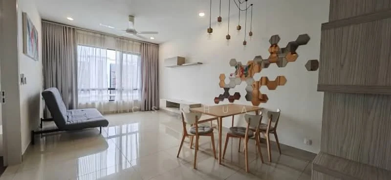 Living features: grey fabric sofa bed, wooden dining table, 3 wooden dining chairs, white walls, light grey curtains, recessed downlights, ceiling fan, tile flooring, decorative wall with hexagonal wood panels, shelf unit on wall, floor-to-ceiling windows; style: modern; view: city.