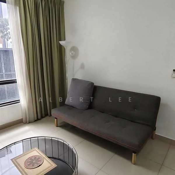Living features: grey fabric sofa, wooden legs on sofa, round coffee table with decorative design, floor lamp, curtains in light green, white painted walls, tile flooring, large window with grid pattern; style: modern.
