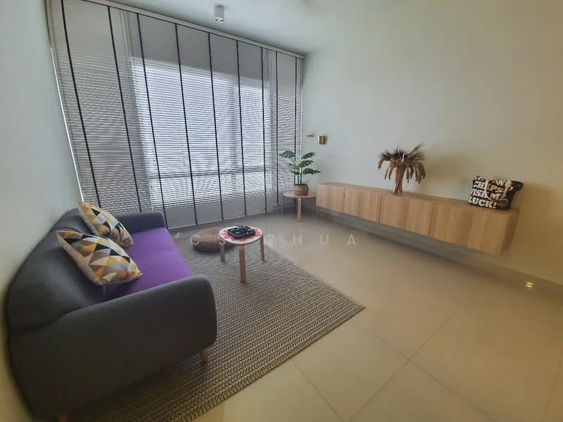 Living features: 3-seater fabric sofa in grey, purple accent cushion, decorative throw pillows, wooden coffee table, area rug with geometric pattern, wall-mounted wooden console, decorative plants in vase, floor-to-ceiling windows with sheer blinds, recessed ceiling lights, cream painted walls, glossy tile flooring; style: modern; view: city.