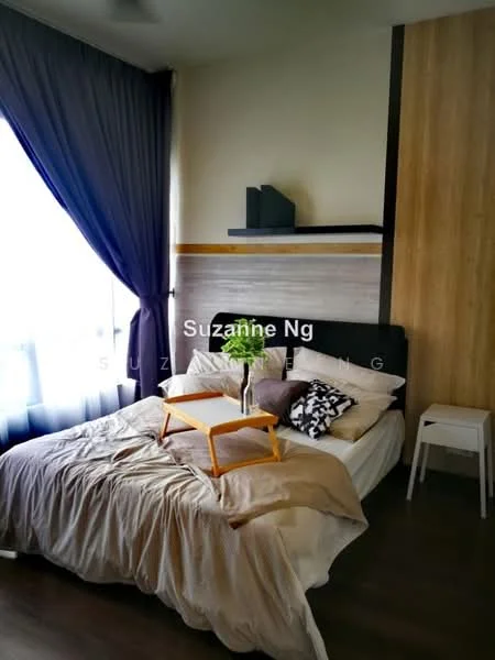 Bedroom features: queen-size bed with beige bedding, upholstered headboard, wood accent wall behind bed, floor-to-ceiling window with sheer curtains, dark grey curtains, wooden bedside table, decorative plant on bedside table, laminate flooring, wall-mounted shelf, decorative pillows; style: modern.