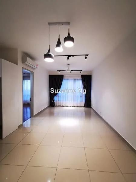 Living features: white painted walls, glossy ceramic tile flooring, recessed downlights, 3 pendant lights, floor-to-ceiling windows, sheer curtains, dark curtains, wall-mounted split AC; style: modern.