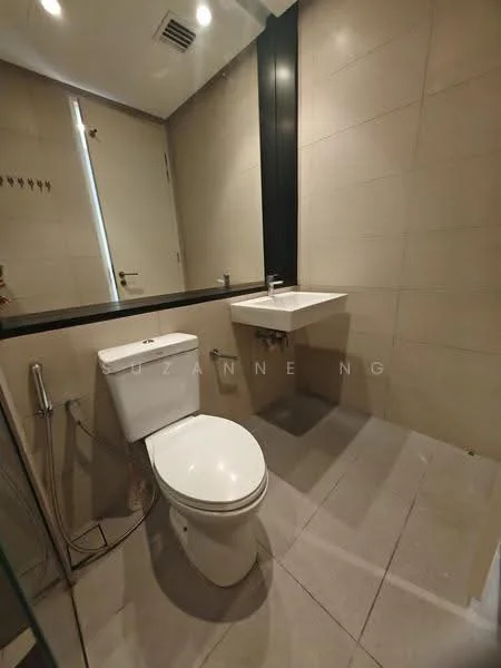 Bathroom features: wall-mounted sink, chrome basin mixer faucet, one-piece toilet, glass shower enclosure, rain shower head, handheld shower, tile cladding on walls, grey ceramic tile flooring, backlit mirror, built-in shelving, exhaust fan; style: modern.