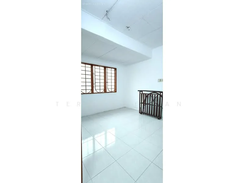Room features: white painted walls, white ceiling, glossy ceramic tile flooring, grille windows, natural light from windows, open space layout, no visible furniture, neutral color scheme; style: minimalist.