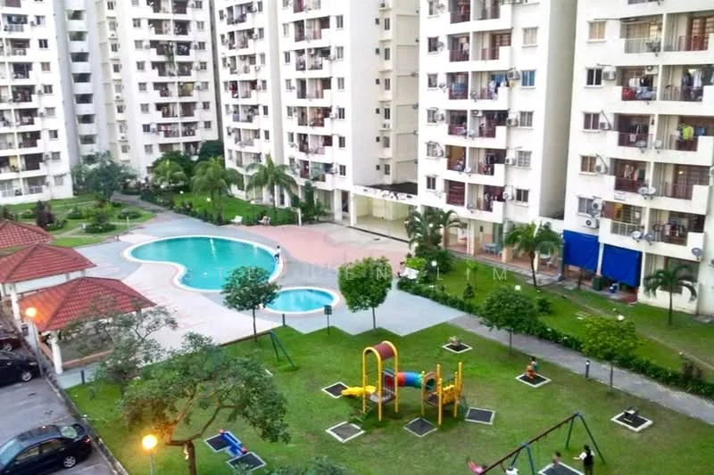 Exterior type: mid-rise condominium; features: swimming pool with curved shape, pool deck with loungers, children's playground with swings, manicured lawn, mature trees, landscape garden, multiple balconies visible, parking area with covered car porches; style: modern.