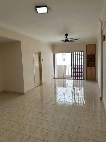 Living features: cream painted walls, glossy ceramic tile flooring, 5-blade ceiling fan with light, sliding glass door, floor-to-ceiling windows, built-in cabinetry, natural light from balcony, open layout; style: modern.