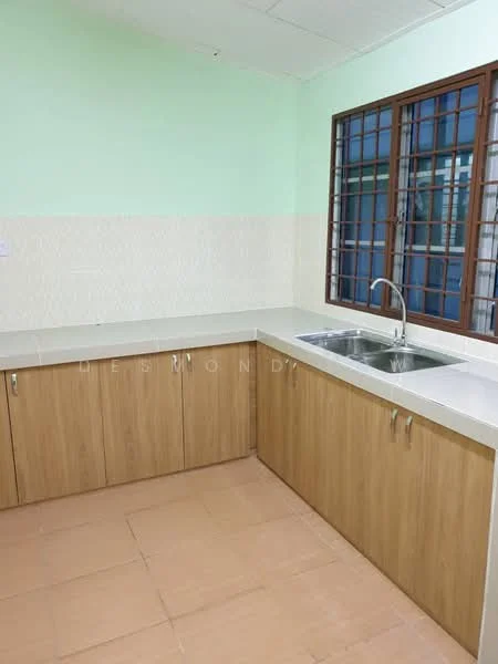 Kitchen features: light green painted walls, white tiled backsplash, laminate cabinetry in light wood finish, white countertop, single-bowl stainless-steel sink, chrome pull-down faucet, tile flooring in beige, window with grid pattern; style: modern.