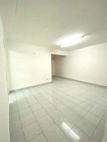Room features: white painted walls, grey ceramic tile flooring, fluorescent ceiling lights, no visible windows, empty space; style: minimalist.