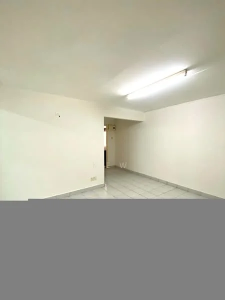 Room features: white painted walls, tile flooring, fluorescent ceiling lights.