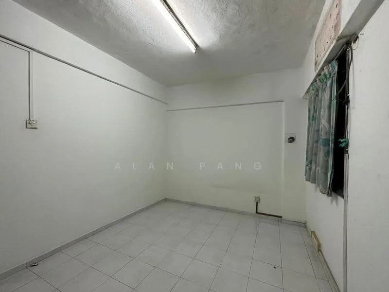 Room features: white painted walls, plain ceiling, fluorescent lighting, white tiled flooring, single window with curtain, corner power outlet, wall-mounted air conditioning unit; style: minimalist.