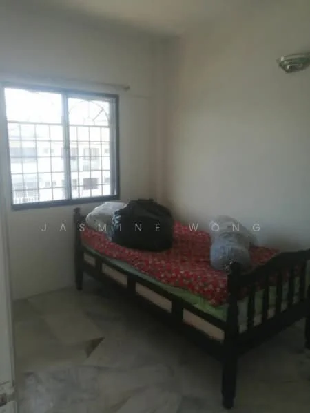 Bedroom features: single bed with floral bedding, black wooden bed frame, marble flooring, white painted walls, window with metal grille, ceiling light fixture, two pillows, black bags on bed.
