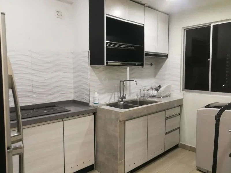 Kitchen features: black and white cabinetry, double-bowl stainless-steel sink, chrome pull-down faucet, grey countertop, ceramic tile backsplash with wave pattern, built-in oven, 4-burner gas hob, refrigerator, window with white frame, light-colored tile flooring; style: modern.