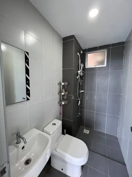 Bathroom features: grey ceramic tile flooring, white painted walls, shower area with glass partition, rain shower head, handheld shower, chrome basin mixer faucet, one-piece toilet, wall-mounted mirror, built-in shower shelf, small window for ventilation; style: modern.