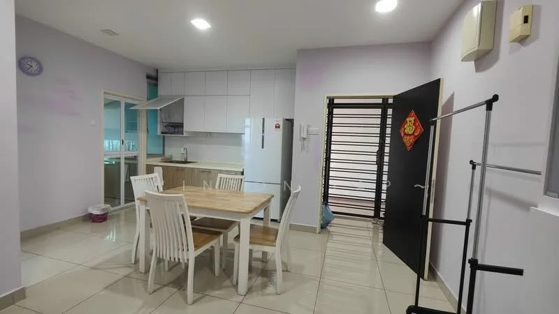 Dining features: white dining table, 4 white wooden dining chairs, light grey walls, glossy beige floor tiles, refrigerator, kitchen cabinetry, kitchen countertop, wall-mounted air conditioning unit, black door, decorative wall clock; style: modern. Kitchen features: white cabinetry, stainless-steel sink, built-in stove, kitchen countertop, open layout to dining area; style: modern.