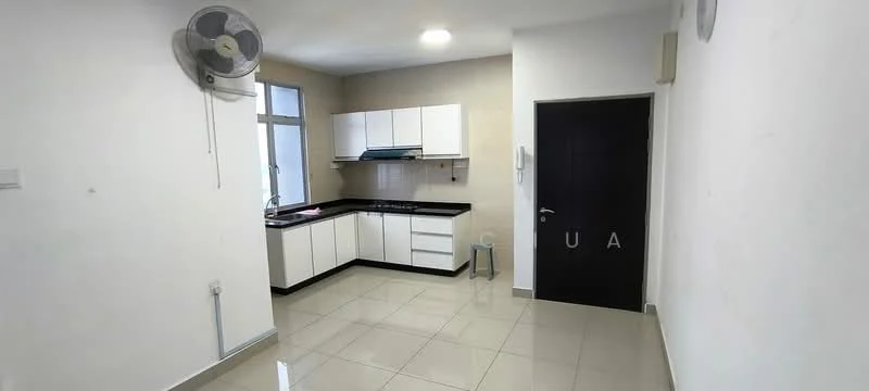 Kitchen features: white cabinetry, black countertop, stainless-steel sink, chrome pull-down faucet, built-in stove, exhaust hood, tile backsplash, ceramic tile flooring, window with natural light, wall-mounted split AC, recessed ceiling lights; style: modern.