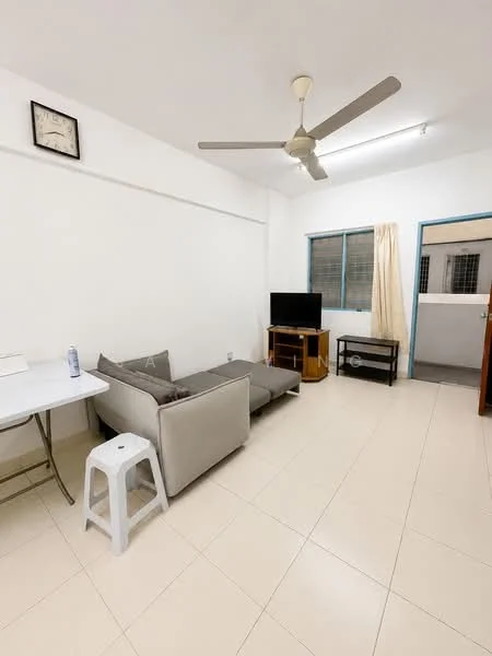 Living features: light-colored tiled flooring, white painted walls, ceiling fan, 3-seater fabric sofa in grey, coffee table, wall-mounted TV, TV console, floor-to-ceiling windows with sheer curtains, clock on wall, folding table, plastic stool; style: minimalist.