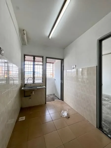 Laundry features: single-bowl stainless-steel sink, chrome pull-down faucet, white tiled walls, cream tiled flooring, window with metal grille, door leading to outdoor area, light fixture on ceiling, exposed concrete ceiling.