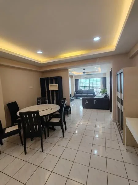 Dining features: round dining table, 4 black dining chairs, white walls, tile flooring, recessed downlights, ceiling fan, decorative wall unit; style: modern. Living features: 3-seater fabric sofa in grey, coffee table, large windows with grid pattern, white walls, tile flooring, recessed downlights, ceiling fan, green plant; style: modern.