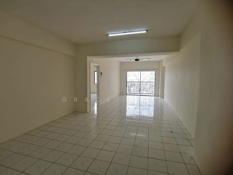 Room features: white painted walls, glossy white floor tiles, ceiling with fluorescent lighting, sliding glass door, window with security bars, open layout, no visible furniture, neutral color scheme; style: minimalist.