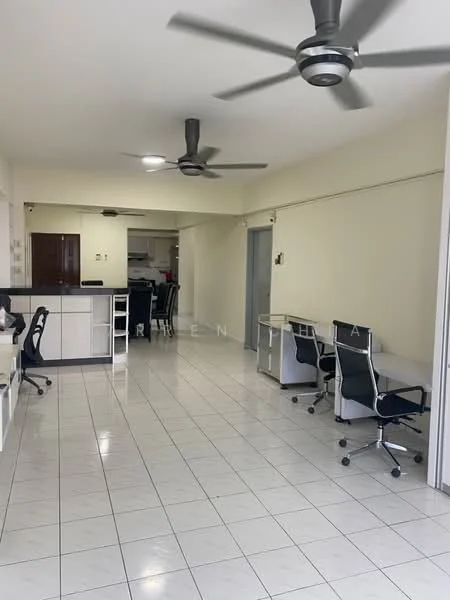 Room features: white painted walls, glossy white tile flooring, 2 ceiling fans, open layout, 4 office desks with chairs, kitchen area visible in background, recessed lighting, neutral color scheme; style: modern.
