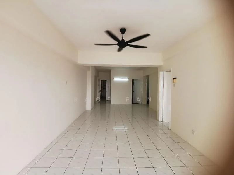 Room features: white painted walls, glossy white floor tiles, 5-blade ceiling fan, recessed lighting, open layout, large windows, neutral color scheme, no visible furniture; style: modern.
