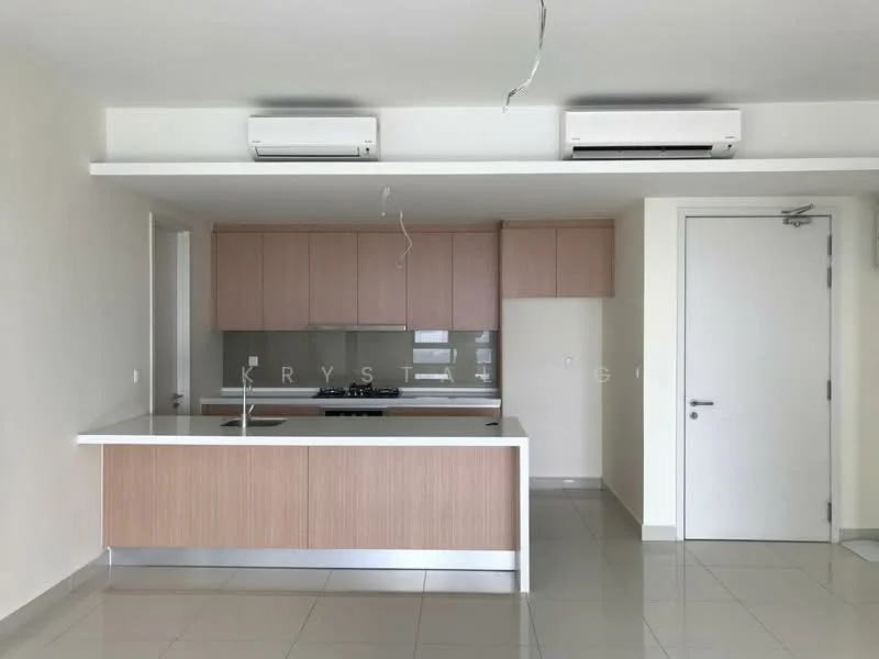 Kitchen features: white painted walls, glossy tile flooring, kitchen island with seating, light wood cabinetry, stainless-steel sink, chrome pull-down faucet, built-in gas hob, exhaust hood, recessed downlights, 2 wall-mounted split AC units; style: modern.