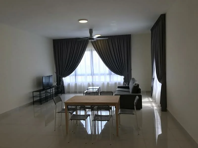 Living features: large floor-to-ceiling windows, grey curtains, white painted walls, polished ceramic tile flooring, 5-blade ceiling fan with light, black TV console, wall-mounted TV, 3-seater fabric sofa in dark grey, wooden dining table, 4 transparent plastic dining chairs, decorative wall lighting; style: modern.