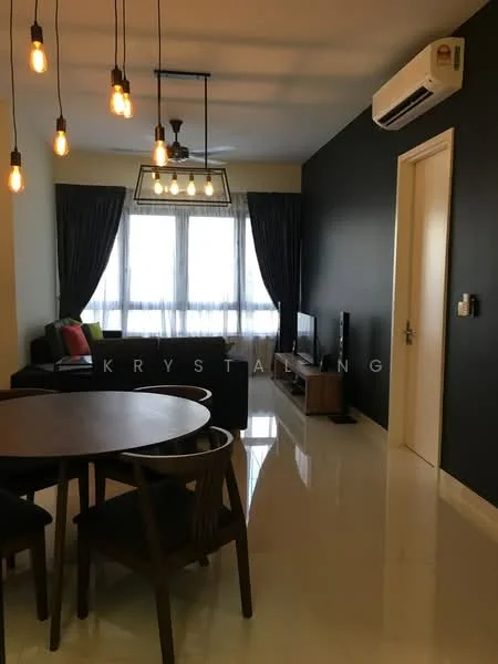 Living features: black accent wall, white painted walls, polished tile flooring, 5-blade ceiling fan with light, hanging pendant lights, floor-to-ceiling windows, sheer curtains, sofa in dark color, TV console, wall-mounted TV, area rug, dining table with wooden chairs; style: modern.