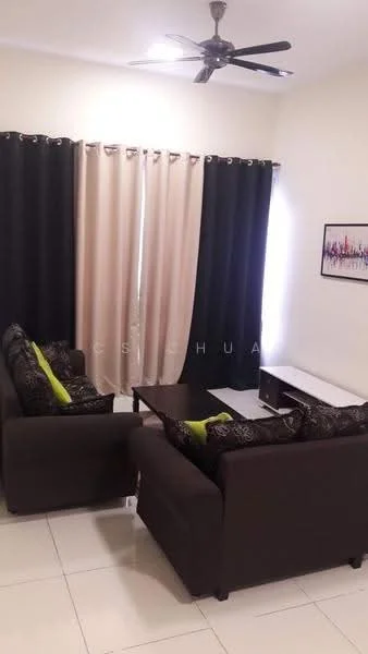 Living features: 2-seater fabric sofa in dark brown, 2-seater fabric sofa with patterned cushions, coffee table with white top, floor-to-ceiling windows, blackout curtains in black, sheer curtains in beige, ceiling fan, wall-mounted TV console, decorative wall art, glossy tiled flooring; style: modern.