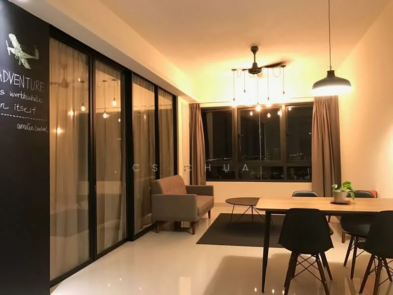 Dining features: floor-to-ceiling windows, grey fabric sofa, round dining table, 4 dining chairs, pendant lighting, 5-blade ceiling fan with light, curtains, white walls, polished tile flooring, decorative wall art, city view; style: modern; view: city.