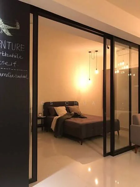 Bedroom features: queen-size bed with grey upholstery, two bedside lamps, glass sliding doors, hanging pendant lights, neutral bedding, decorative wall art, white walls, polished tile flooring; style: modern.