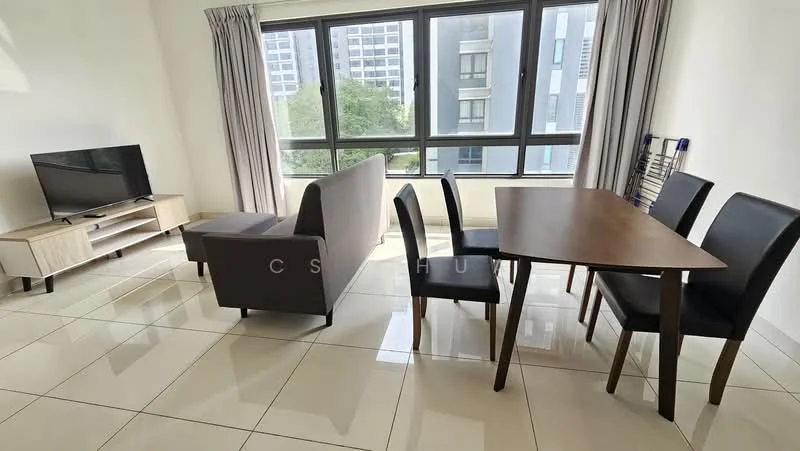 Living features: floor-to-ceiling windows, grey fabric sofa, wooden dining table, 4 black upholstered dining chairs, TV console, wall-mounted TV, ceramic tile flooring, curtains, natural light, neutral wall color; style: modern; view: garden.