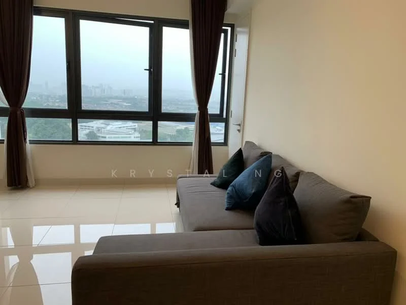 Living features: grey fabric sofa, decorative cushions in dark blue and black, floor-to-ceiling windows, city view, cream painted walls, glossy tile flooring, curtains in dark brown, natural light from windows; style: modern; view: city.