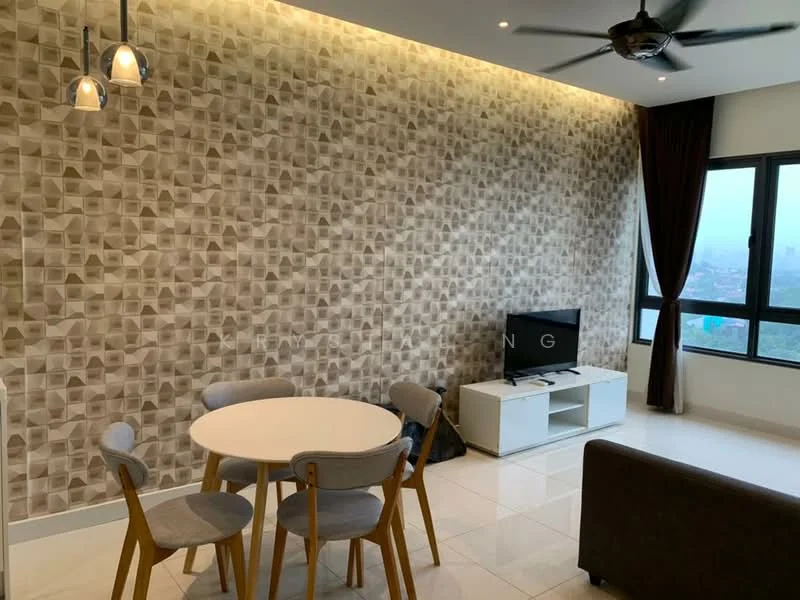 Living features: geometric patterned accent wall, white painted walls, tile flooring, 5-blade ceiling fan with light, round dining table, 4 upholstered dining chairs, wall-mounted TV, white TV console, floor-to-ceiling windows, curtains, sofa in brown fabric; style: modern; view: city.